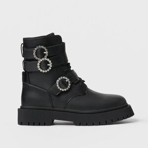 ZARA Leather Lug Sole Moto Boots Lace Up Jewel Chunky Platform Ankle Black Sz 35